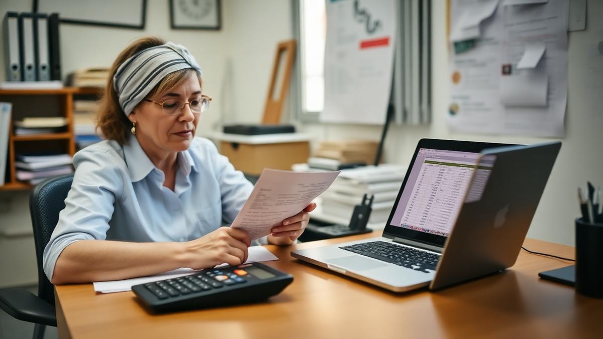Bookkeeper reviewing receipts and a spreadsheet at a desk