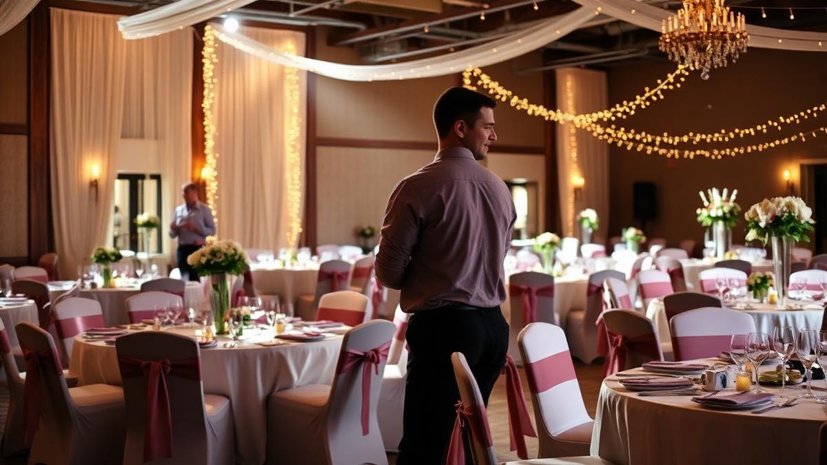Event crew setting decorated reception tables before guests arrive