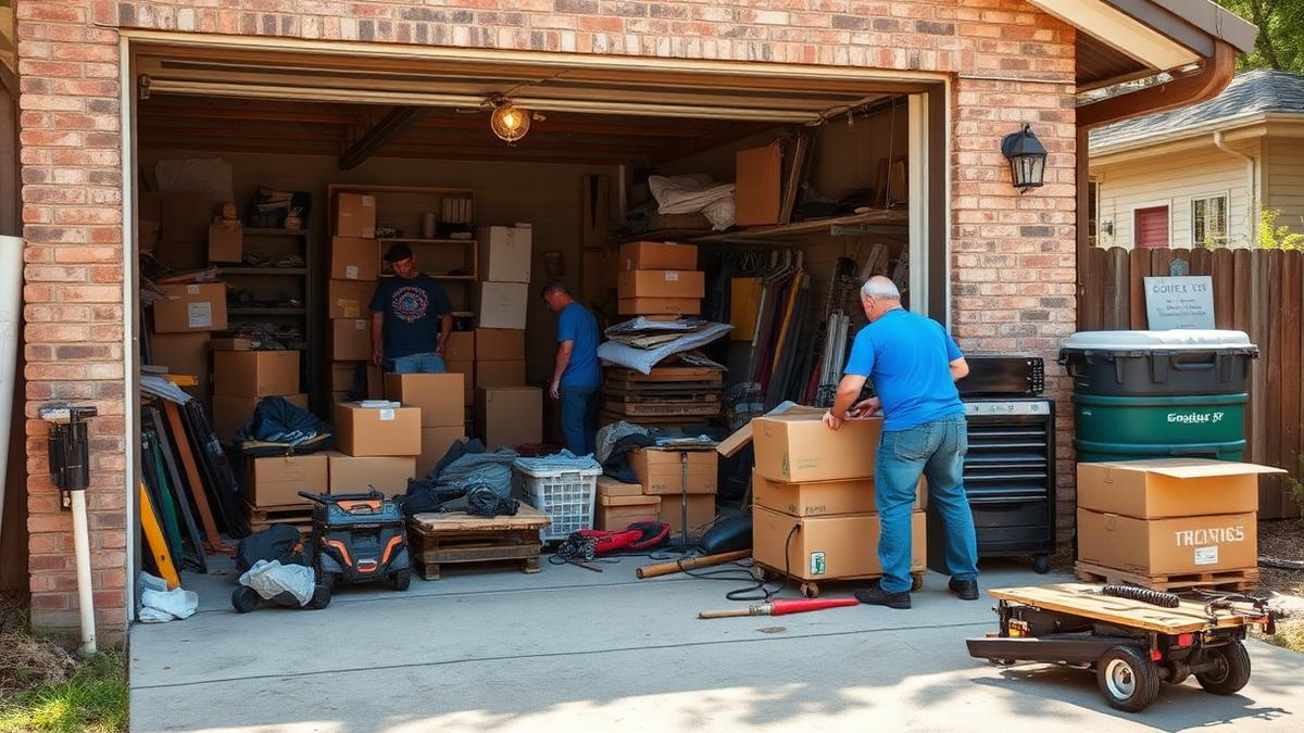 Crew clearing boxes and clutter out of a garage