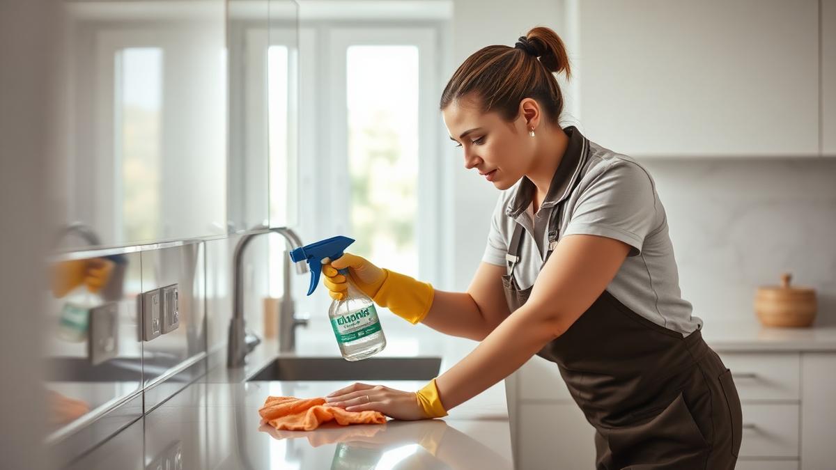House cleaner wiping down a kitchen counter