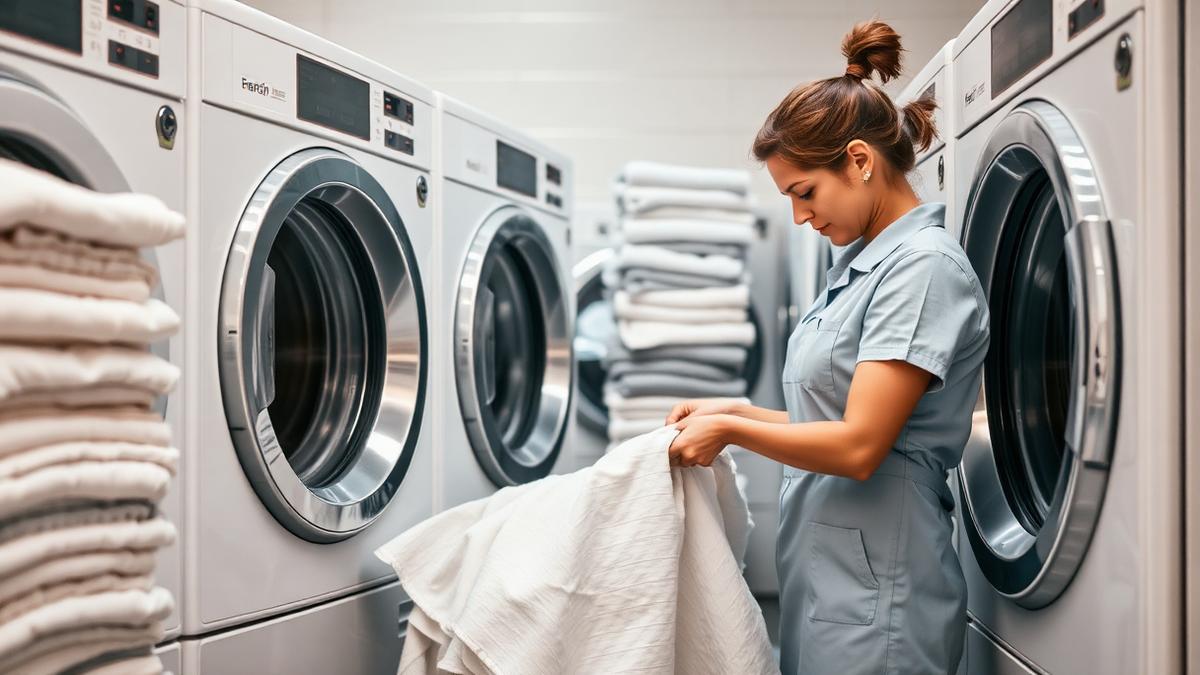 Laundry attendant folding fresh linens beside washing machines