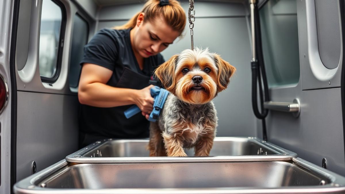 Mobile groomer brushing a small dog inside a grooming van