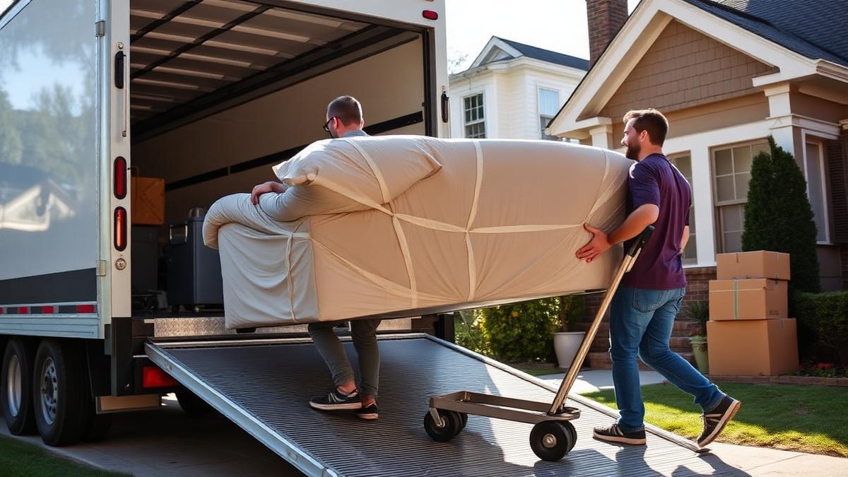 Movers carrying a wrapped sofa down the ramp of a moving truck