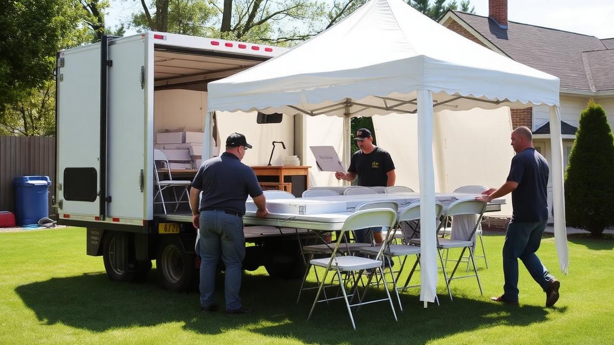 Crew unloading tables, chairs and a tent from a rental truck
