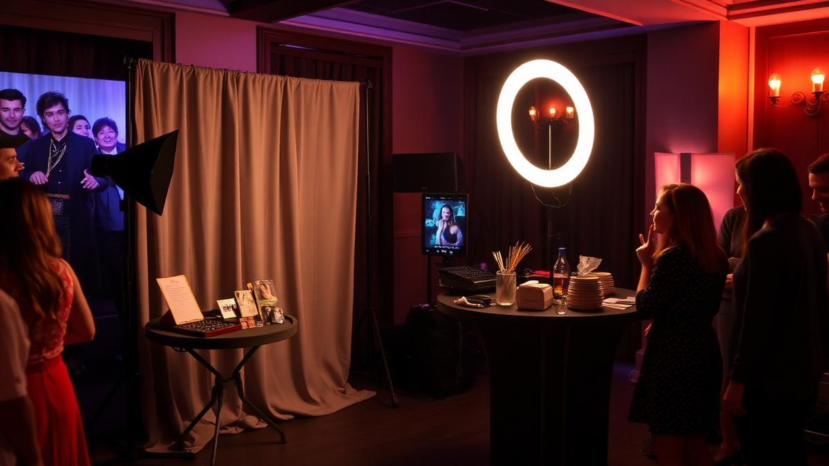 Photo booth setup with backdrop and props at an evening party