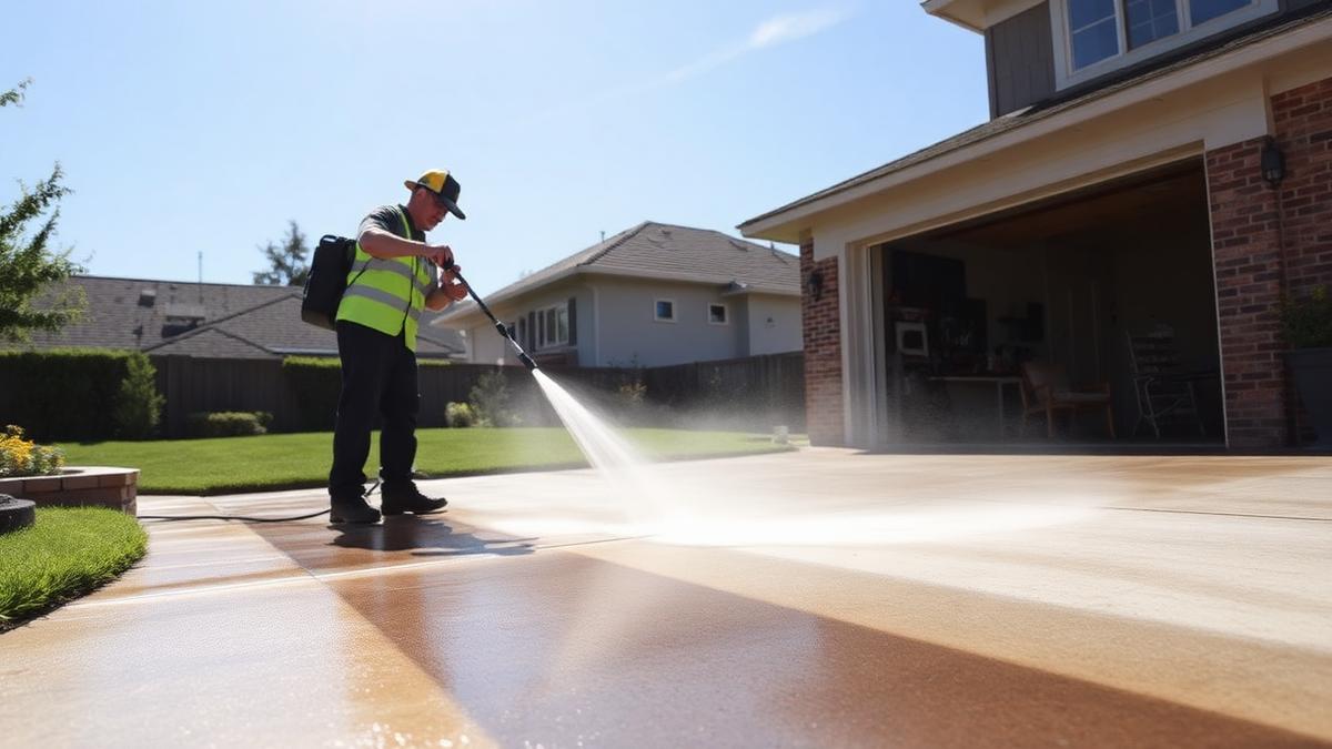 Worker pressure washing a concrete driveway clean