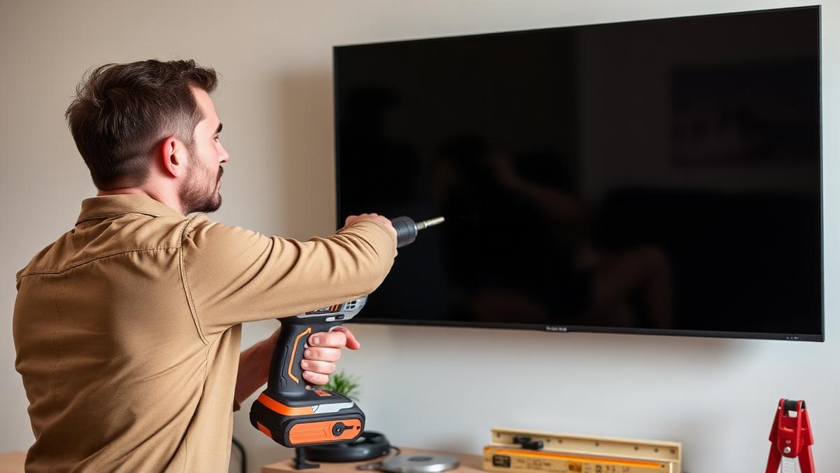 Installer drilling a wall bracket to mount a flat-screen TV